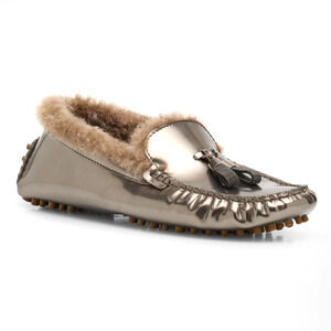 Brunello Cucinelli Monili Metallic Lamb Shearling Fur Driver Loafers 40
